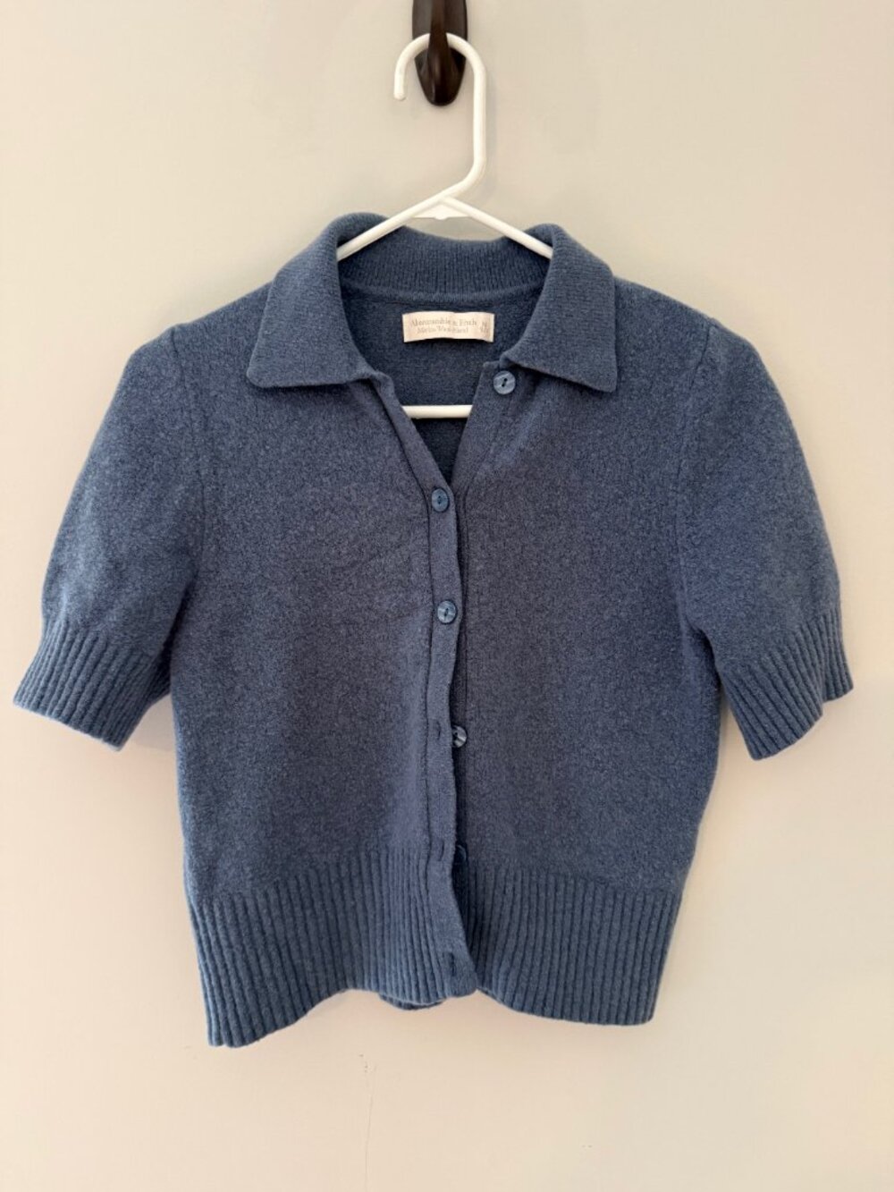 Abercrombie Merino Wool Blue Short Sleeve Collared Cardigan Women’s M - Picture 3 of 6